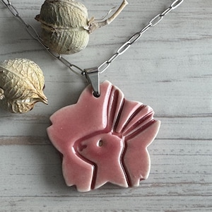 Pink Bunny Bead, Rabbit Pendant, Artisan jewelry, Porcelain Ceramic Pendant, Bird Necklace, Jewelry Making Components