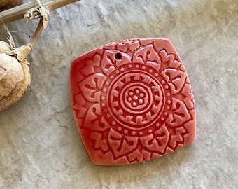 Large Mandala Pendant, Red Pendant, Folk Art, Porcelain Ceramic Pendant, Jewelry Making Components
