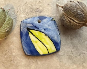 Medium Blue and Chartreuse Leaf Bead, Square Pendant, Artisan jewelry, Porcelain Ceramic Pendant, Jewelry Making Components