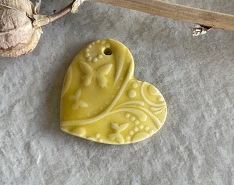 Large Hearts and Butterflies, Yellow Heart Pendant, Porcelain Ceramic Pendant, Artisan Pendant, Jewelry Making Components
