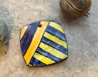 Medium Blue Yellow Striped Bead, Square Pendant, Artisan jewelry, Porcelain Ceramic Pendant, Jewelry Making Components