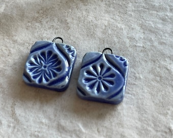 Blue Talavera Tile, Earring Bead Pair, Porcelain Ceramic Charms, Jewelry Making Components, Beading Handmade