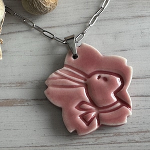 Pink Bunny Bead, Rabbit Pendant, Artisan jewelry, Porcelain Ceramic Pendant, Bird Necklace, Jewelry Making Components