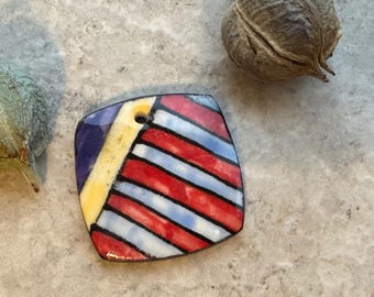 Medium Red and Blue Geometric Bead, Square Pendant, Artisan jewelry, Porcelain Ceramic Pendant, Jewelry Making Components