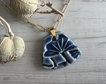 Petite Blue Ginkgo Necklace, Ginkgo Pendant, Artisan jewelry, Porcelain Ceramic Pendant, Ginkgo Bead, Jewelry Making Components, Fan Shape