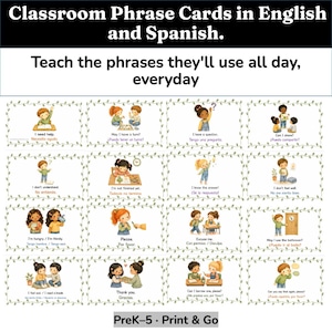Puede incluir: Un conjunto de dieciséis tarjetas de frases para el aula con ilustraciones de niños y texto en inglés y español. Las tarjetas incluyen frases como I need help, May I have a turn, I have a question y Can I share, enmarcadas por un borde de enredadera verde.