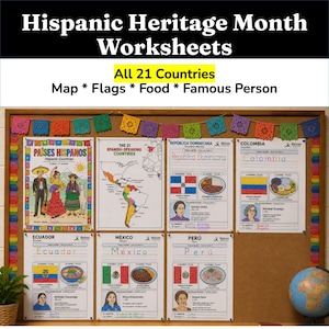 May include: A bulletin board displays Hispanic Heritage Month worksheets featuring maps, flags, food, and famous people from 21 countries. The board is decorated with colorful paper banners and includes educational pages for countries like Mexico, Peru, and Ecuador.