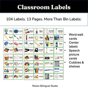 Può includere: Un set di 104 etichette bilingue per l'aula su 13 pagine, con illustrazioni di materiale scolastico come matite, colla e forbici. Ogni etichetta include testo in inglese e spagnolo per pareti di parole, centri didattici e scaffali.