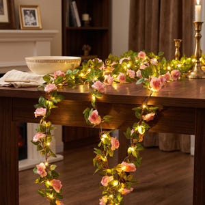 Pink Rose Floral Fairy Lights, Fairycore Garden Garland, Elegant Wedding Decor