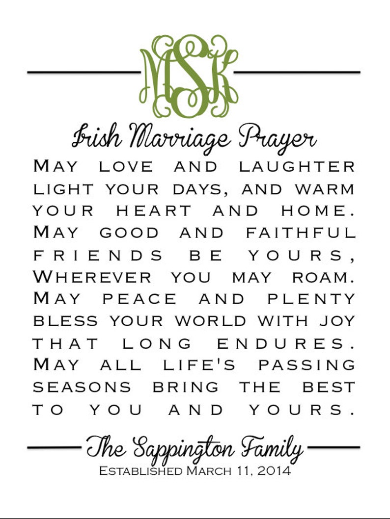 Monogram Irish Marriage Prayer Great Wedding, Anniversary or Life Occasion GIft image 2