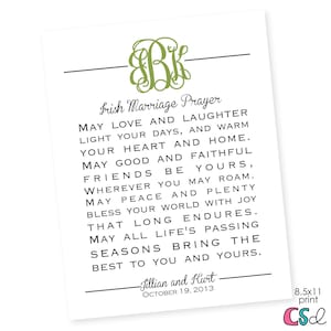 Monogram Irish Marriage Prayer Great Wedding, Anniversary or Life Occasion GIft image 1