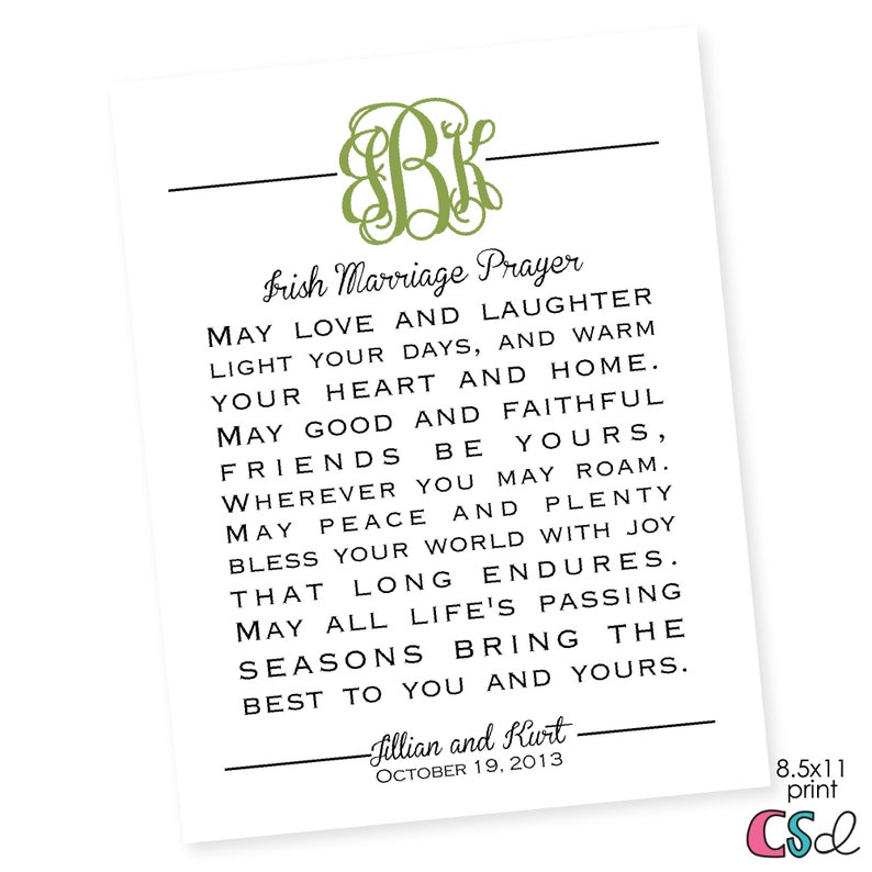 Monogram Irish Marriage Prayer Great Wedding, Anniversary or Life Occasion GIft image 1