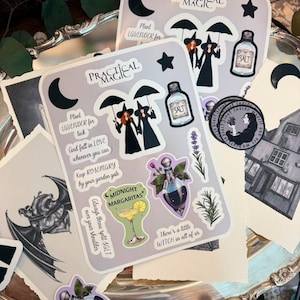 May include: A sticker sheet featuring Practical Magic designs including two witches with umbrellas, a salt bottle, a margarita glass, lavender, rosemary, and text phrases like Plant LAVENDER for luck and There's a little WITCH in all of us.