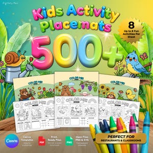 May include: A digital collection of 500+ kids activity placemats featuring colourful 3D text, illustrations of a snail, bird, and various animals, and printable colouring sheets with the text Color Me, Enjoy, and Happy Things Happy Playtime.