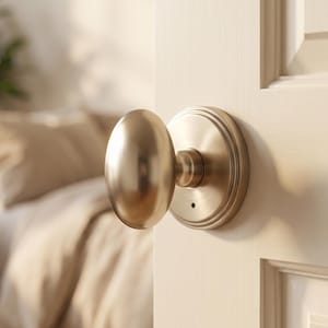 May include: A brushed brass oval door knob mounted on a white paneled door. The hardware features a smooth, rounded handle attached to a circular base plate with a small pinhole detail visible on the lower edge of the rosette mounting plate.