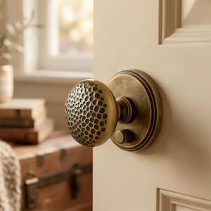May include: A round brass door knob with a textured, hammered finish and a circular backplate, mounted on a light-colored interior door. The metal has a darkened, aged patina with visible indentations across the surface of the knob.