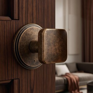 Vintage-Inspired Privacy Door Knob Set, Rounded Square Antique Brass Complete Lockset for Bedroom & Bathroom