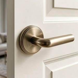 May include: A brushed brass door handle with a circular backplate mounted on a white paneled door. The handle features a horizontal lever design with a smooth, metallic finish and a stepped edge detail on the circular base plate.