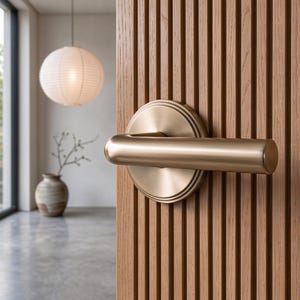 May include: A brushed brass door handle with a cylindrical lever and a circular backplate mounted on a light brown wooden door featuring vertical slats. The handle has a smooth, metallic finish and is positioned horizontally on the door surface.