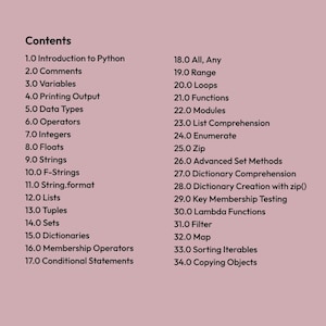 May include: A dusty rose document titled Contents, listing 34 Python programming topics in two columns. The text includes Introduction to Python, Comments, Variables, Printing Output, Data Types, Operators, Integers, Floats, Strings, F-Strings, and more.