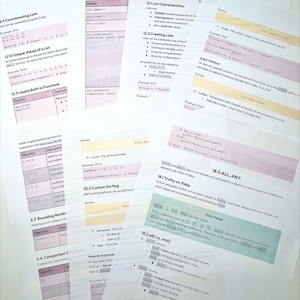 May include: A collection of white educational sheets featuring printed Python programming tutorials. The pages contain black text, code snippets, and tables with pink, yellow, and green highlighted sections explaining list characteristics, sorting, and boolean functions.