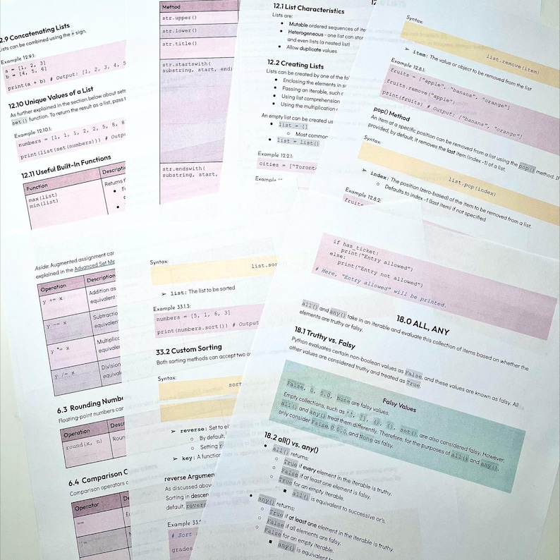 May include: A collection of white educational sheets featuring printed Python programming tutorials. The pages contain black text, code snippets, and tables with pink, yellow, and green highlighted sections explaining list characteristics, sorting, and boolean functions.