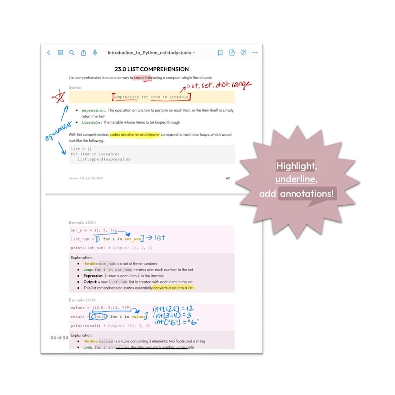 May include: A digital study guide page titled 23.0 LIST COMPREHENSION with handwritten annotations in red, blue, and yellow. The text explains Python list comprehension syntax with code examples, highlighted sections, and a star doodle.