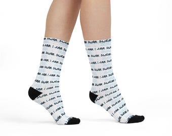 Calcetines de improvisación con diseño de tarro de palabrotas, patrón de texto de guion repetitivo, regalo divertido para comediantes de improvisación