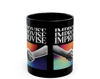 Taza de improvisación, taza de café retro con diseño de arcoíris y apretón de manos, regalo de comedia de improvisación