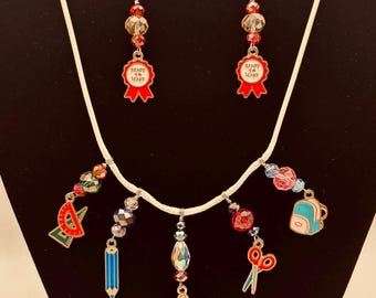 Back to School Charm Necklace and Earrings Set