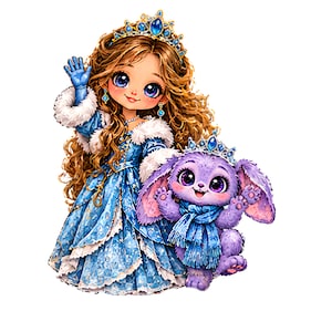 May include: A digital illustration of a character with long wavy brown hair wearing a blue gown with white fur trim and a blue jewelled crown, waving a hand. Beside the character is a purple rabbit wearing a blue scarf and a matching crown.