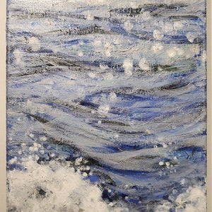 May include: Abstract ocean wave painting with shades of blue, white, and silver. The artwork depicts a dynamic scene of crashing waves with textured brushstrokes, creating a sense of movement and depth. The canvas is rectangular.
