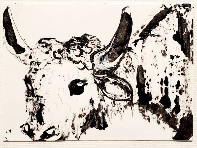 new aceo GRUNGE YAK 1 original art kimartist beef brut cattle cow folk grungy minimalism minimalist naive naif rough sketch vaca vache bw
