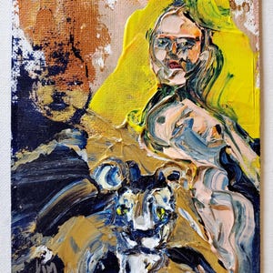 May include: An abstract oil painting on canvas. The artwork features a portrait of a person with glasses, rendered in thick brushstrokes. The color palette includes yellow, gold, blue, and peach tones. The artist's signature, "kim", is visible in the lower left corner.