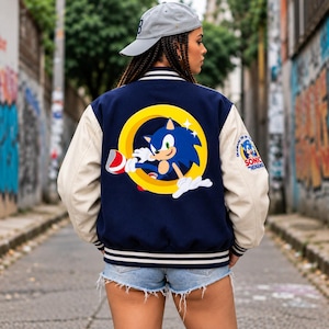 Retro Gamer Varsity Jacket Women, Navy Cream Letterman Jacket, Faux Leather Sleeves, 8 Bit Video Game Patch, Y2K Fall Gift for Her