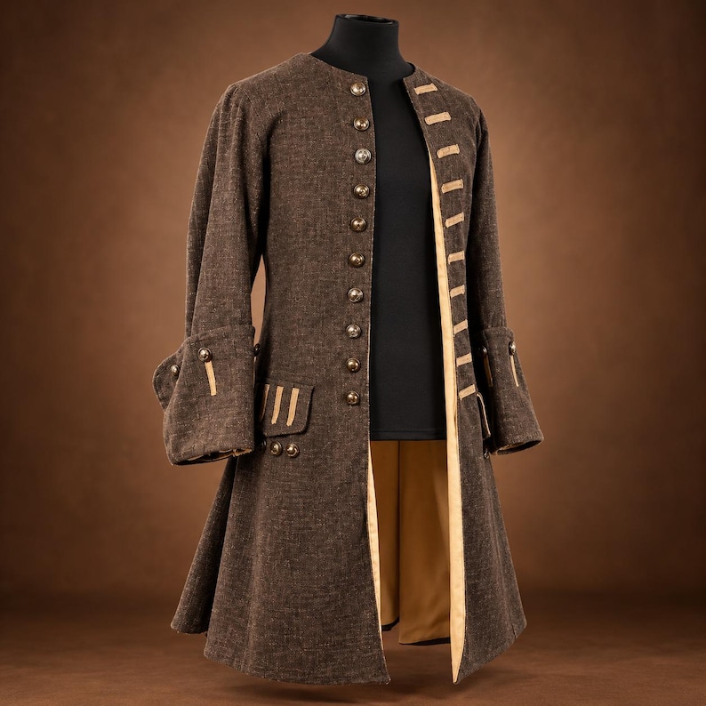 Jack Sparrow Pirate Frock Coat, Brown Wool 18th Century Costume, Halloween Cosplay (Men's)