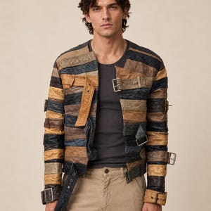 Chaqueta de cuero patchwork para hombre: abrigo motero multicolor con cinturón, prenda de abrigo vanguardista.