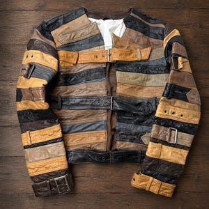 Puede incluir: Una chaqueta confeccionada con tiras horizontales de cuero en tonos marrón, negro, beige y gris. La prenda presenta múltiples correas con hebillas integradas en la parte delantera y las mangas, un cuello redondo y un forro interior blanco.