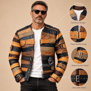 Chaqueta de cuero patchwork para hombre, chaqueta motera con hebilla y cinturón, cuero a rayas multicolor, chaqueta rockera sin cuello, regalo para él.