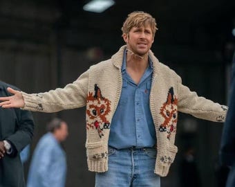 Project Hail Mary Ryan Gosling Sweater, Hand Knit Fox Cowichan Cardigan, Mens Chunky Wool Zip Sweater, Movie Costume Gift