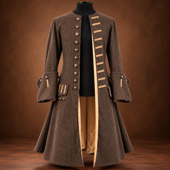 Jack Sparrow Pirate Frock Coat, Brown Wool 18th Century Costume, Renaissance Cosplay (Men's)