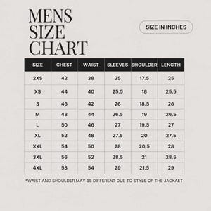 以下が含まれることがあります： MENS SIZE CHARTと記載されたサイズ表。SIZE IN INCHESの表記があり、2XSから4XLまでのサイズに対応する胸囲、ウエスト、袖丈、肩幅、着丈の測定値が記載されています。ウエストと肩幅はスタイルにより異なる旨の注記があります。