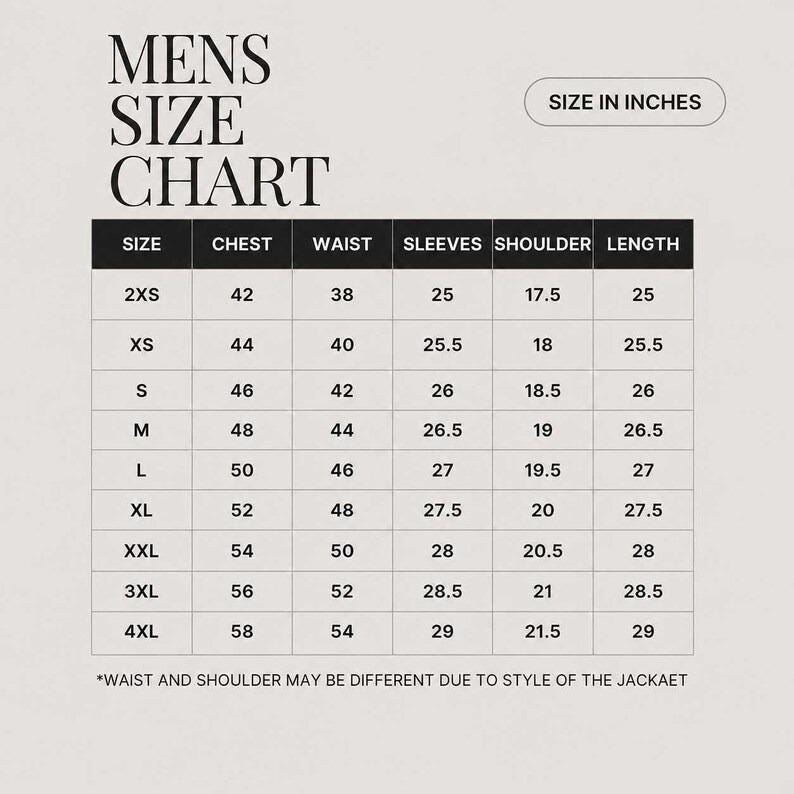 以下が含まれることがあります： MENS SIZE CHARTと記載されたサイズ表。SIZE IN INCHESの表記があり、2XSから4XLまでのサイズに対応する胸囲、ウエスト、袖丈、肩幅、着丈の測定値が記載されています。ウエストと肩幅はスタイルにより異なる旨の注記があります。