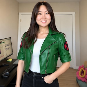以下が含まれることがあります： ショートスリーブのクロップド丈グリーンのフェイクレザー製モーターサイクルジャケット。ノッチドラペルとシルバーのフロントジッパーが特徴です。両袖には赤と黒の円形X-MENロゴがあしらわれており、白いリブタンクトップの上に着用されています。
