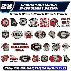 May include: A digital collection of 28 Georgia Bulldogs embroidery designs in 3, 4, 5, 6, and 7 inch sizes. The graphic displays various bulldog mascots, the letter G, and text logos in red, black, and white. File formats include PES, PEC, JEF, EXP, VIP, XXX, HUS, and VP3.