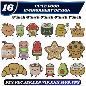 Op de afbeelding: Een digitale collectie van 16 schattige borduurontwerpen van voedsel, waaronder een perzik, boba-thee, een paddenstoelhuisje, sushi, een honingpot, een picknickmand, een melkpak, macarons, een ijsje, een sterkoekje, een muffin, een croissant, cacao, koffie, een avocado en een kaneelbroodje.