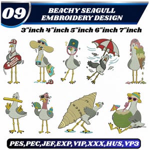 Op de afbeelding: Een digitale collectie van negen strandmeeuw borduurontwerpen met diverse figuren en accessoires zoals reddingsboeien, hoeden, paraplu's, ijsjes en schelpen. De tekst bevat BEACHY SEAGULL EMBROIDERY DESIGN en 3, 4, 5, 6, 7 inch.