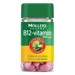 May include: A clear plastic bottle with a green cap containing pink tablets. The label reads Möller's Pharma B12-vitamin 1000 µg, featuring a circular red logo with a sun and person illustration, plus the text Tretthet & utmattelse Kosttilskudd 100 tabletter.