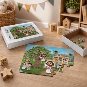 May include: A jigsaw puzzle featuring a cartoon illustration of a group of people gathered around a large tree and a stone building. The puzzle pieces are scattered, and the box lid displays the complete image with the text Custom Made.