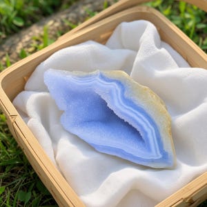 May include: A blue lace agate geode featuring concentric white and light blue bands with a sparkling crystalline interior. The stone has a rough, pale yellow outer edge and rests on a white fabric cloth inside a square wooden basket.